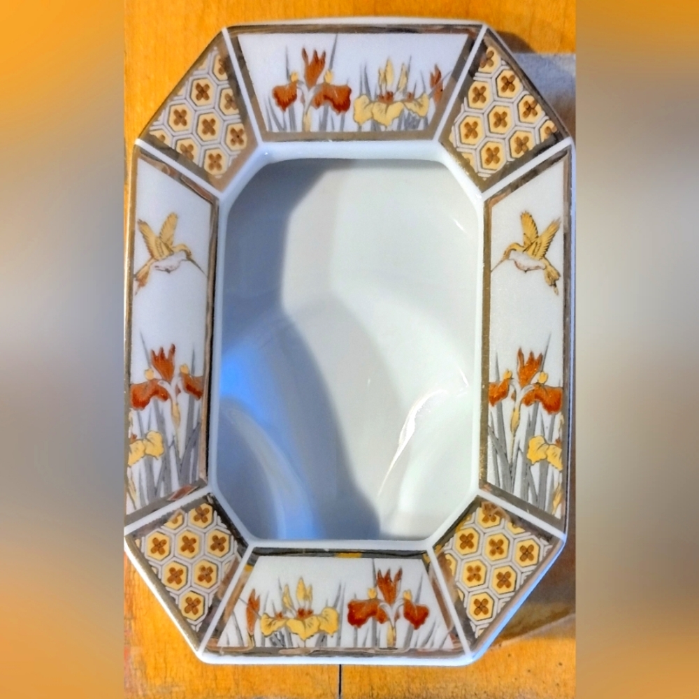 Vintage Japan 24K Gold Chokin Art Hummingbird Orchid Porcelain Frame